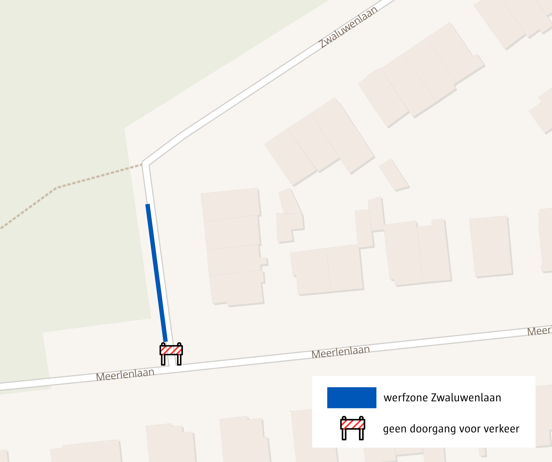Locatie van de tijdelijke werfzone in de Zwaluwenlaan. Locatie van de tijdelijke werfzone in de Zwaluwenlaan.